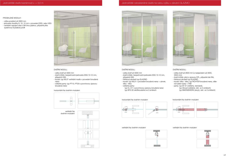 skel s 3M čirou páskou, případně přes systémový krystalický profi l DVEŘNÍ MODUL: - výška dveří až 3000 mm - dveřní křídlo: bezpečnostní jednosklo ESG 10-12 mm, případně VSG - kování: typ ML07