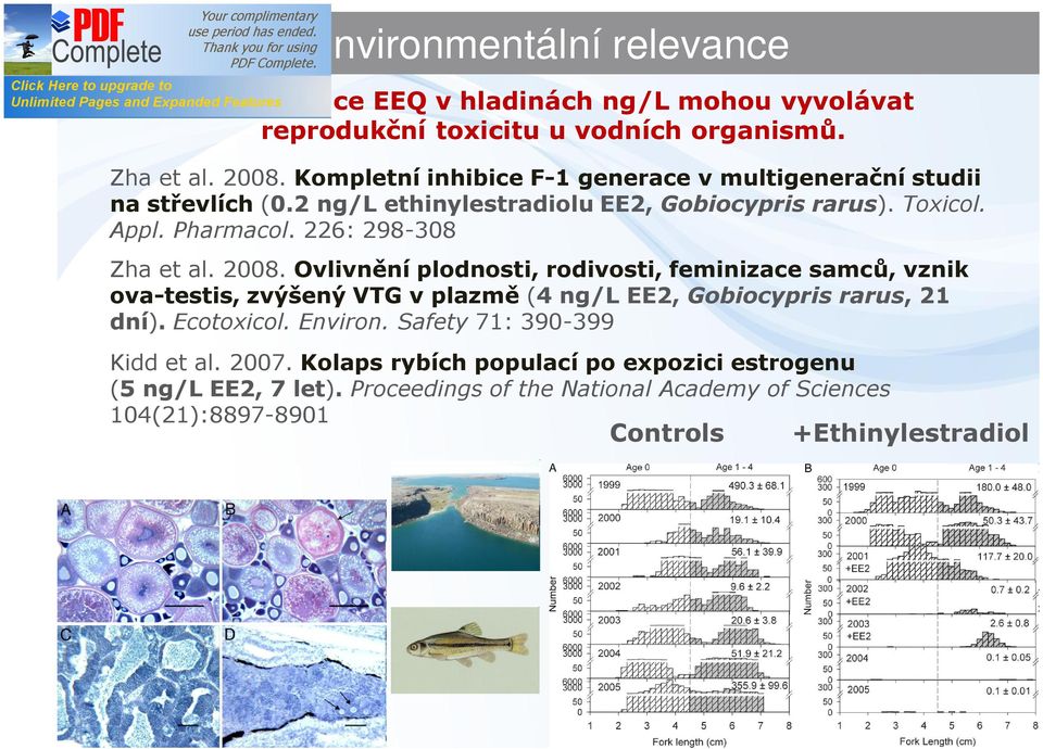 226: 298-308 Zha et al. 2008. vlivnění plodnosti, rodivosti, feminizace samců, vznik ova-testis, zvýšený VTG v plazmě (4 ng/l EE2, Gobiocypris rarus, 21 dní).