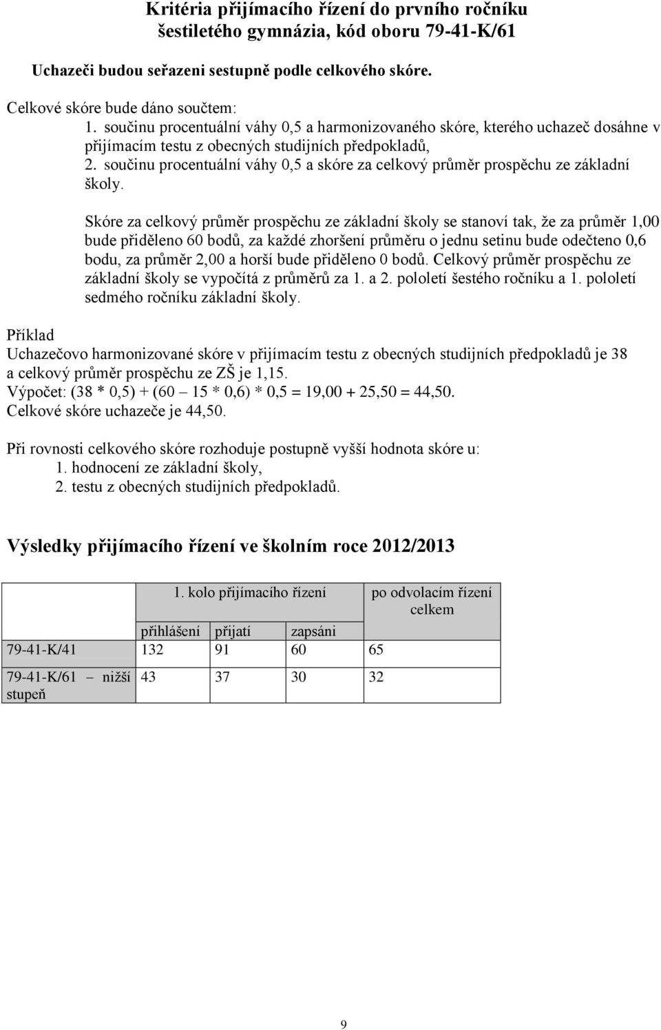 součinu procentuální váhy 0,5 a skóre za celkový průměr prospěchu ze základní školy.