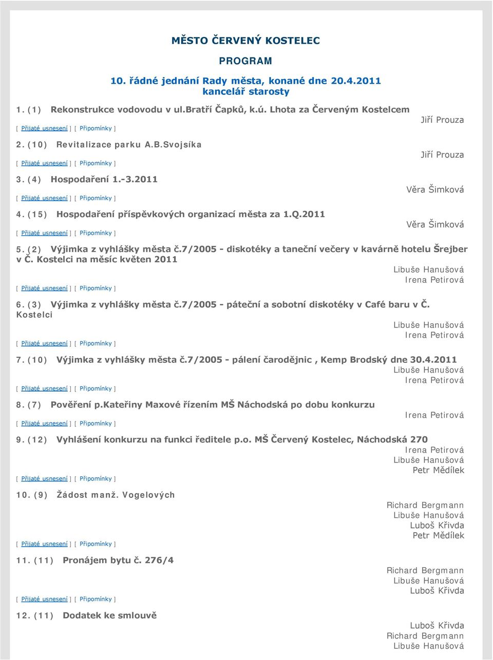 (2) Výjimka z vyhlášky města č.7/2005 - diskotéky a taneční večery v kavárně hotelu Šrejber v Č. Kostelci na měsíc květen 2011 Irena Petirová 6. (3) Výjimka z vyhlášky města č.