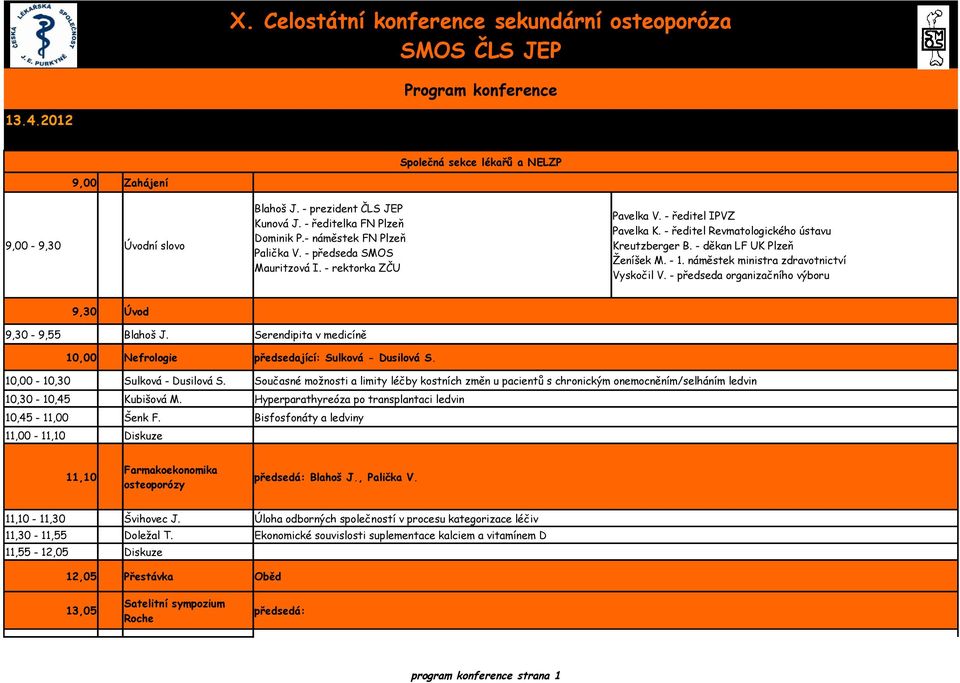 náměstek ministra zdravotnictví Vyskočil V. - předseda organizačního výboru 9,30 Úvod 9,30-9,55 Blahoš J. Serendipita v medicíně 10,00 Nefrologie předsedající: Sulková - Dusilová S.
