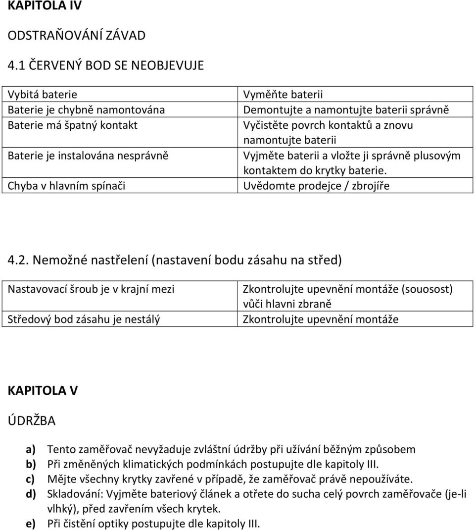 baterii správně Vyčistěte povrch kontaktů a znovu namontujte baterii Vyjměte baterii a vložte ji správně plusovým kontaktem do krytky baterie. Uvědomte prodejce / zbrojíře 4.2.