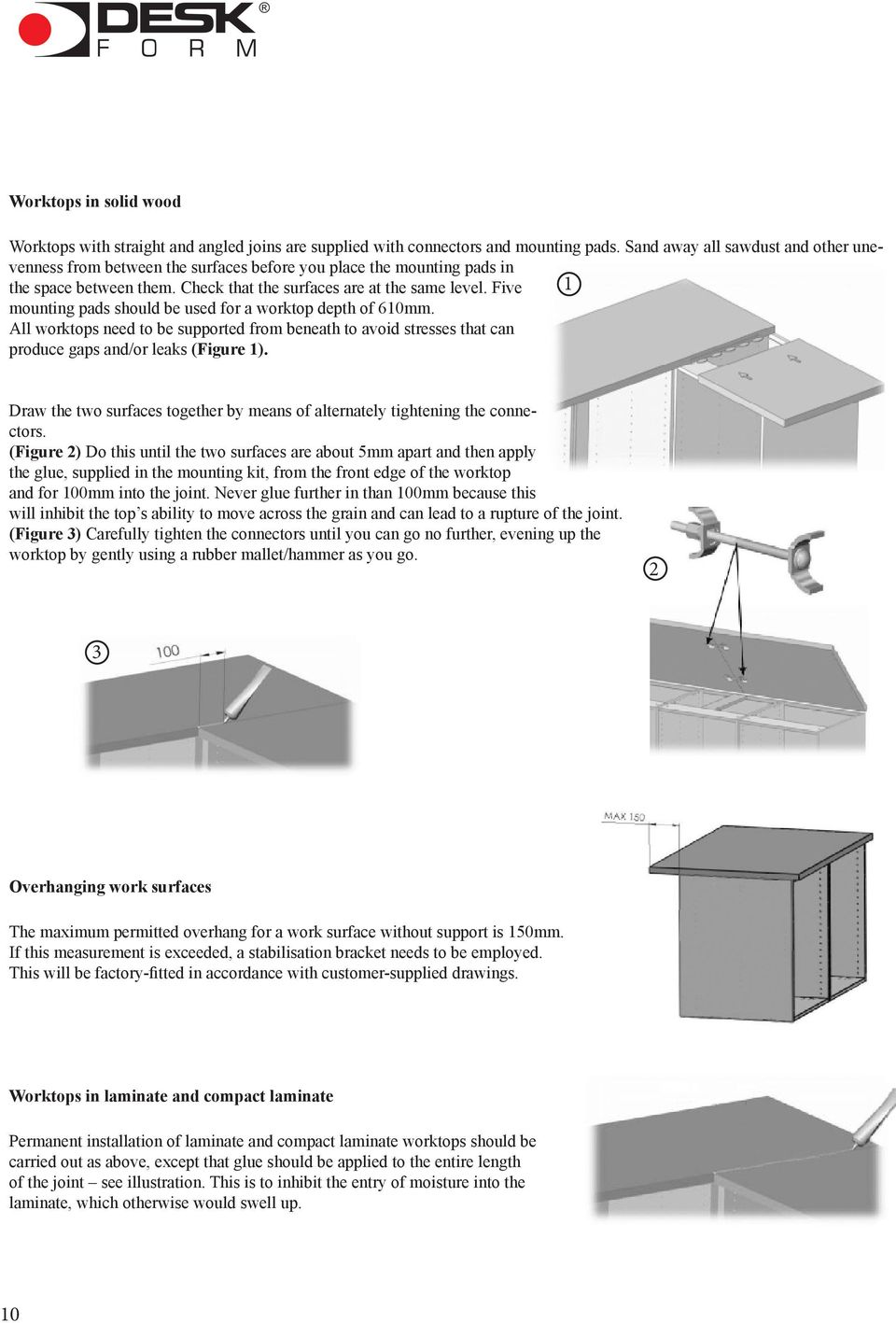 Five 1 mounting pads should be used for a worktop depth of 610mm. All worktops need to be supported from beneath to avoid stresses that can produce gaps and/or leaks (Figure 1).