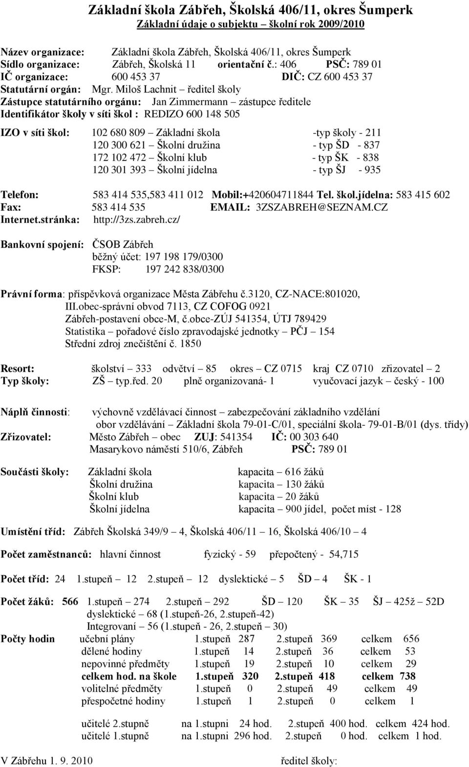 Miloš Lachnit ředitel školy Zástupce statutárního orgánu: Jan Zimmermann zástupce ředitele Identifikátor školy v síti škol : REDIZO 600 148 505 IZO v síti škol: 102 680 809 Základní škola -typ školy