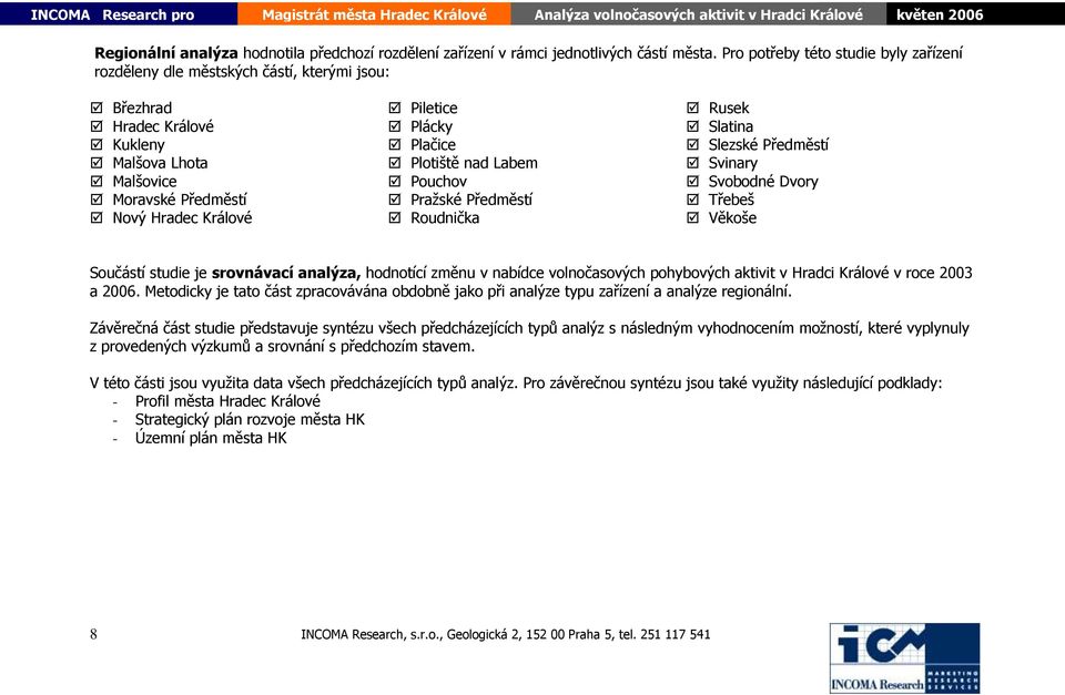 Labem Svinary Malšovice Pouchov Svobodné Dvory Moravské Předměstí Pražské Předměstí Třebeš Nový Hradec Králové Roudnička Věkoše Součástí studie je srovnávací analýza, hodnotící změnu v nabídce