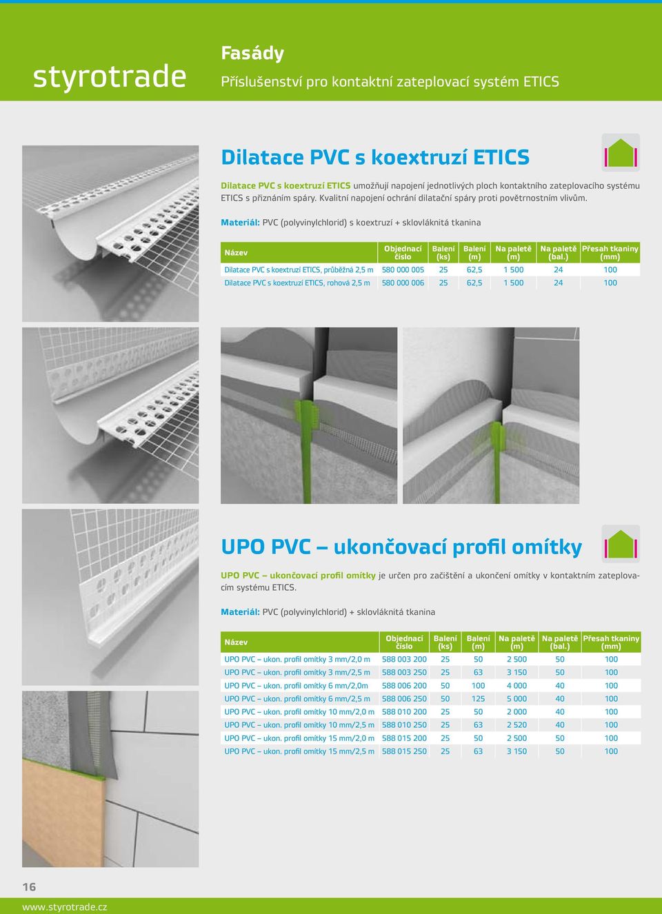 Materiál: PVC (polyvinylchlorid) s koextruzí + sklovláknitá tkanina Přesah tkaniny (mm) Dilatace PVC s koextruzí ETICS, průběžná 2,5 m 580 000 005 25 62,5 1 500 24 100 Dilatace PVC s koextruzí ETICS,