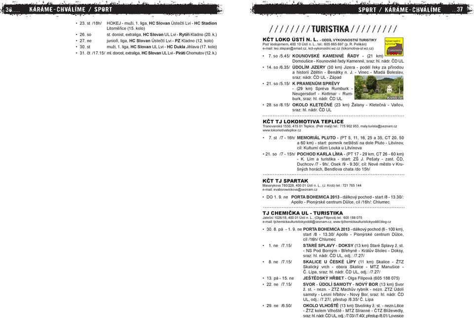 čt /17.15/ ml. dorost, extraliga, HC Slovan UL Lvi - Piráti Chomutov (12. k.) turistika KČT LOKO ÚSTÍ N. L. - ODDÍL VÝKONNOSTNÍ TURISTIKY Pod Vodojemem, 400 10 Ústí n. L., tel.: 605 865 697 (p. R.