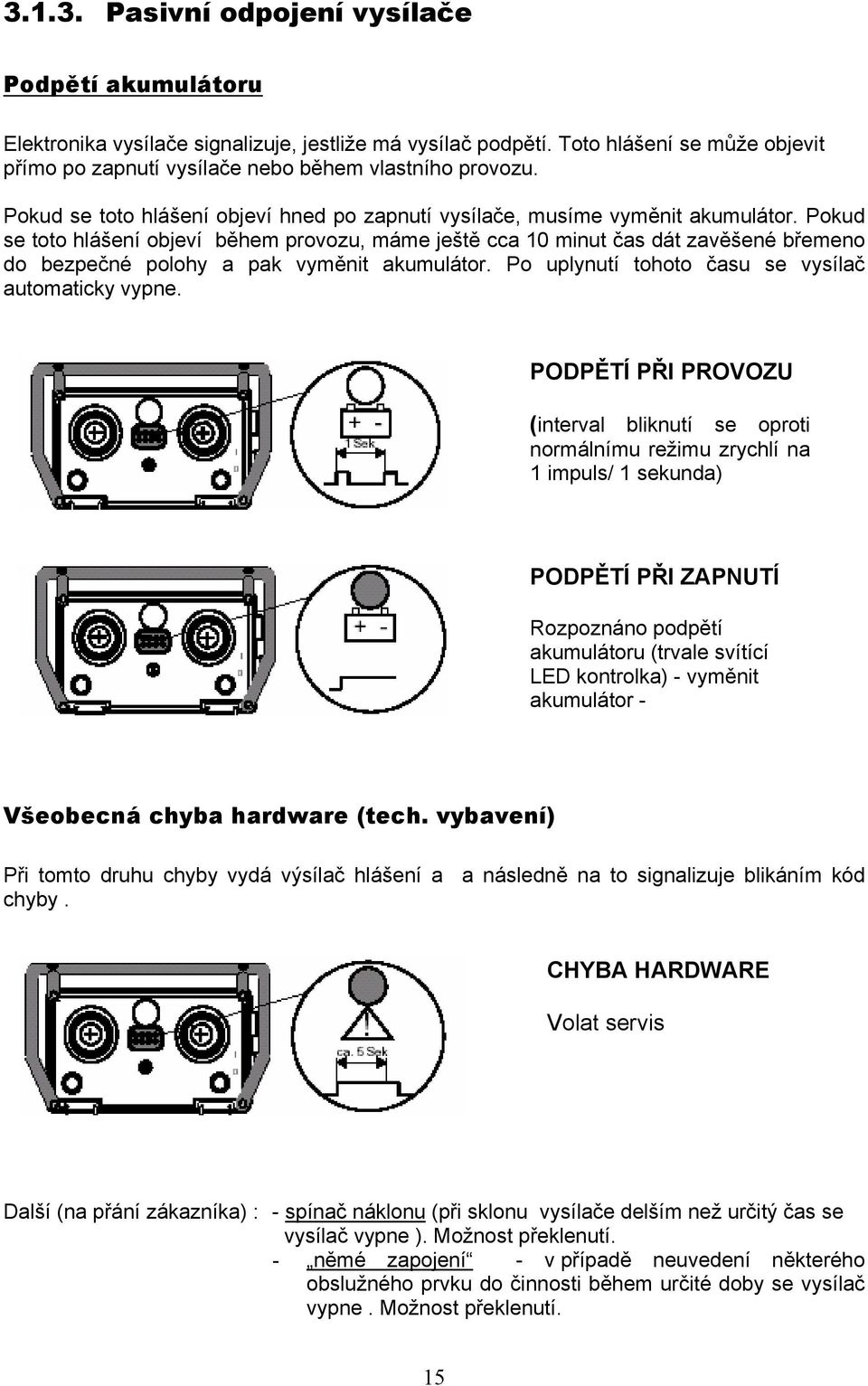 Pokud se toto hlášení objeví během provozu, máme ještě cca 10 minut čas dát zavěšené břemeno do bezpečné polohy a pak vyměnit akumulátor. Po uplynutí tohoto času se vysílač automaticky vypne.