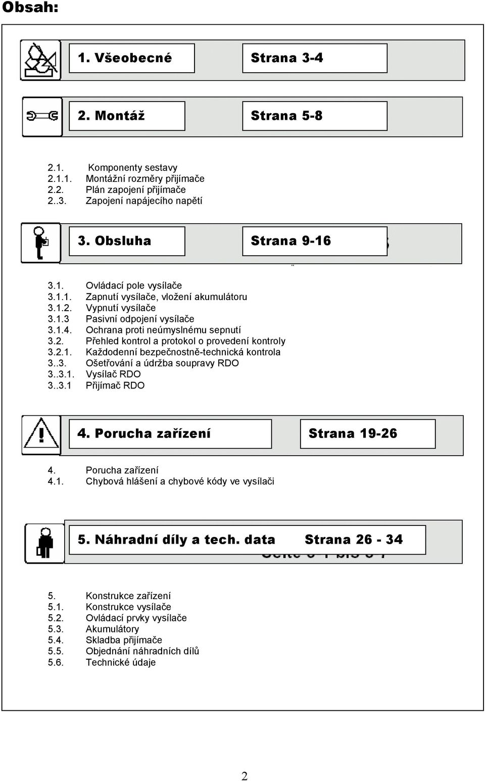 .3. Ošetřování a údržba soupravy RDO 3..3.1. Vysílač RDO 3..3.1 Přijímač RDO 4. Porucha zařízení Strana 19-26 4. Porucha zařízení 4.1. Chybová hlášení a chybové kódy ve vysílači 5.