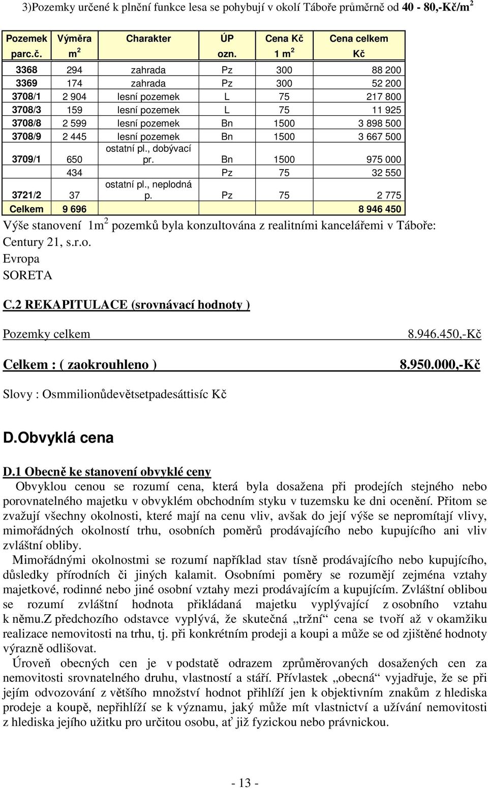 2 445 lesní pozemek Bn 1500 3 667 500 3709/1 650 ostatní pl., dobývací pr. Bn 1500 975 000 434 Pz 75 32 550 3721/2 37 ostatní pl., neplodná p.