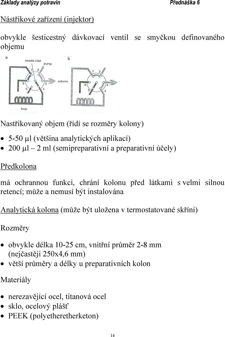 silnou retencí; může a nemusí být instalována Analytická kolona (může být uložena v termostatované skříni) Rozměry obvykle délka 10-25 cm, vnitřní průměr