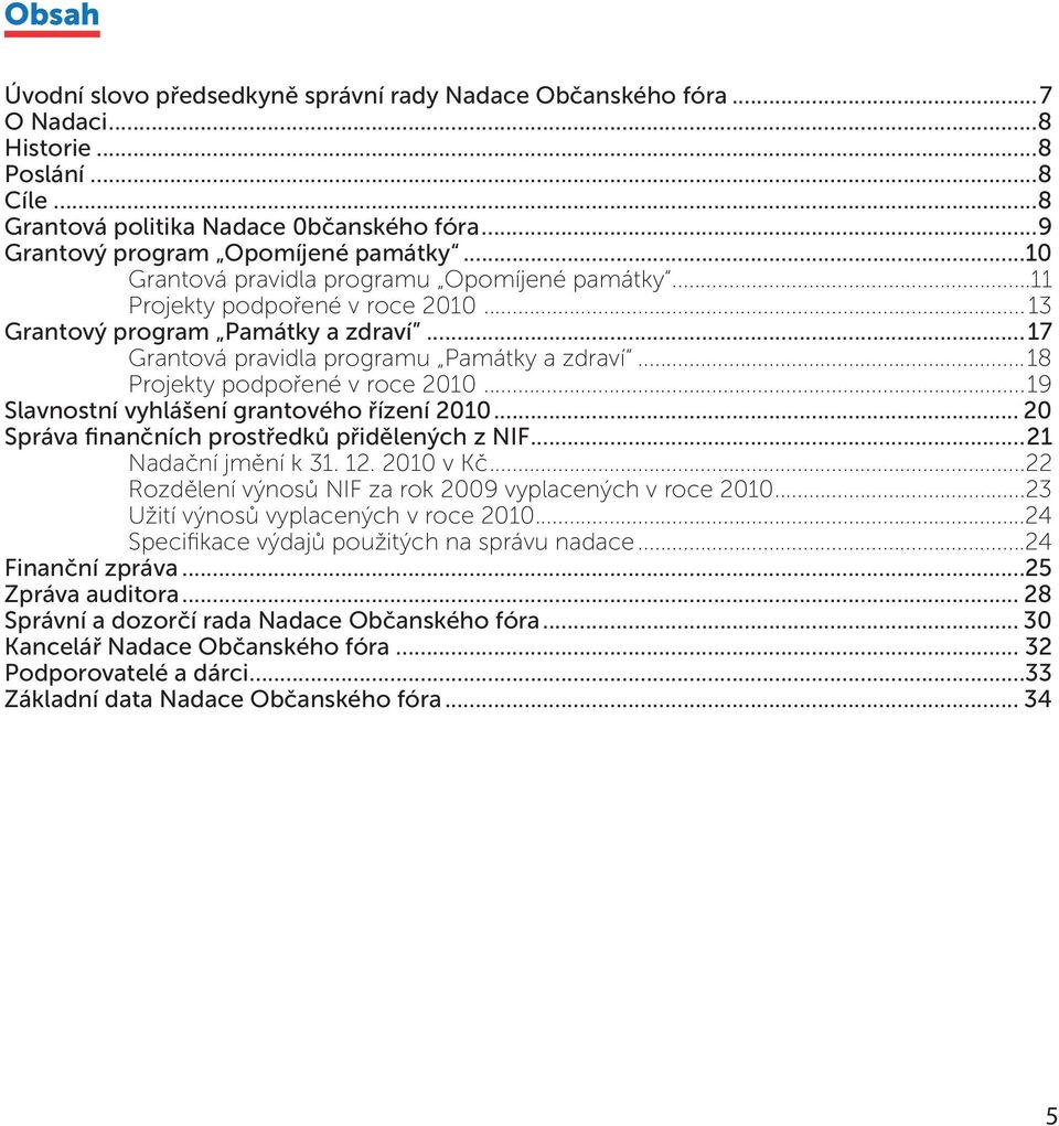 ..18 Projekty podpořené v roce 2010...19 Slavnostní vyhlášení grantového řízení 2010... 20 Správa finančních prostředků přidělených z NIF...21 Nadační jmění k 31. 12. 2010 v Kč.