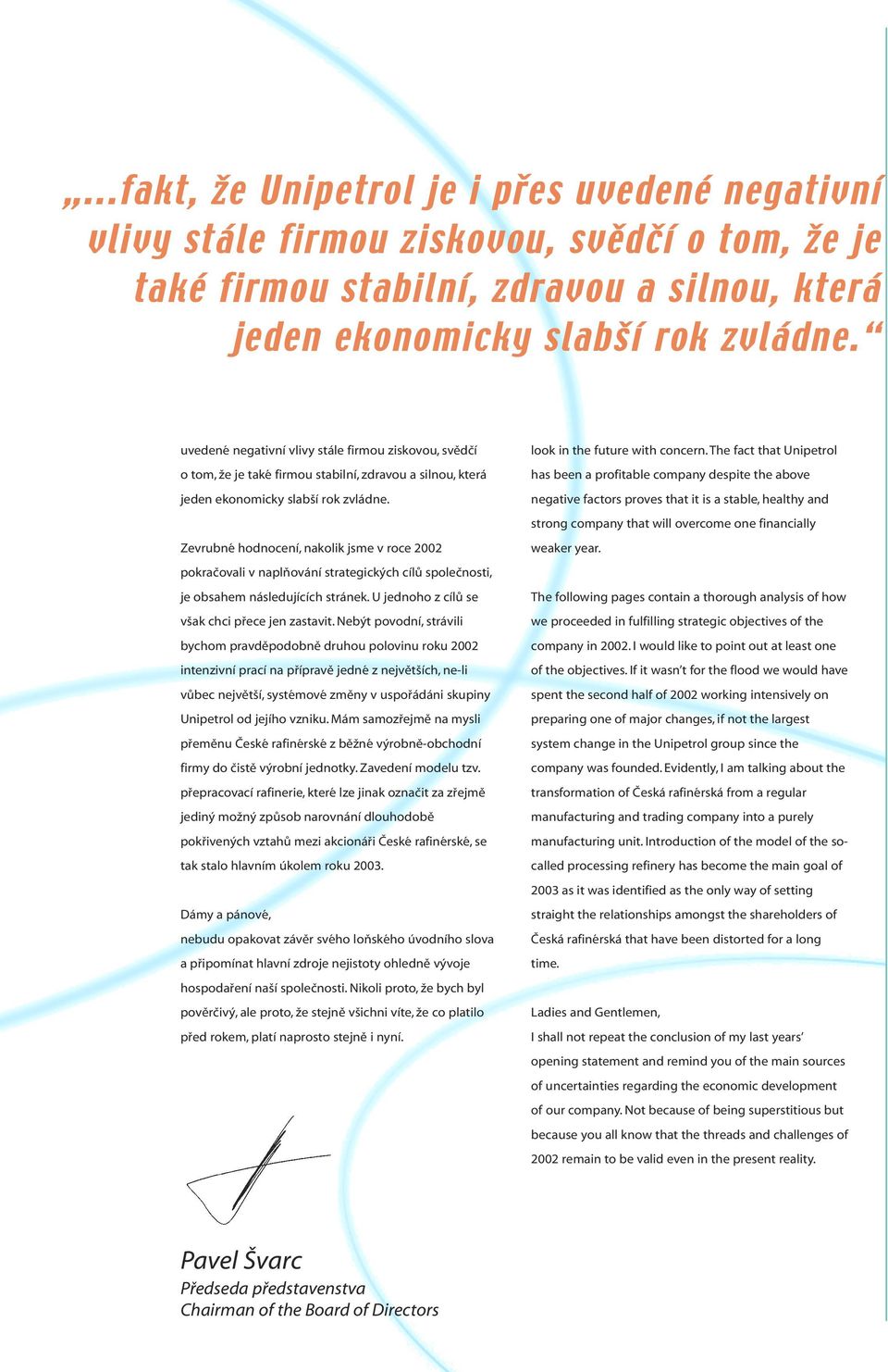 Zevrubné hodnocení, nakolik jsme v roce 2002 pokračovali v naplňování strategických cílů společnosti, je obsahem následujících stránek. U jednoho z cílů se však chci přece jen zastavit.