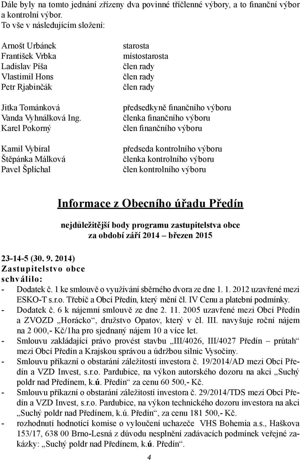 Karel Pokorný Kamil Vybíral Štěpánka Málková Pavel Šplíchal starosta místostarosta člen rady člen rady člen rady předsedkyně finančního výboru členka finančního výboru člen finančního výboru předseda