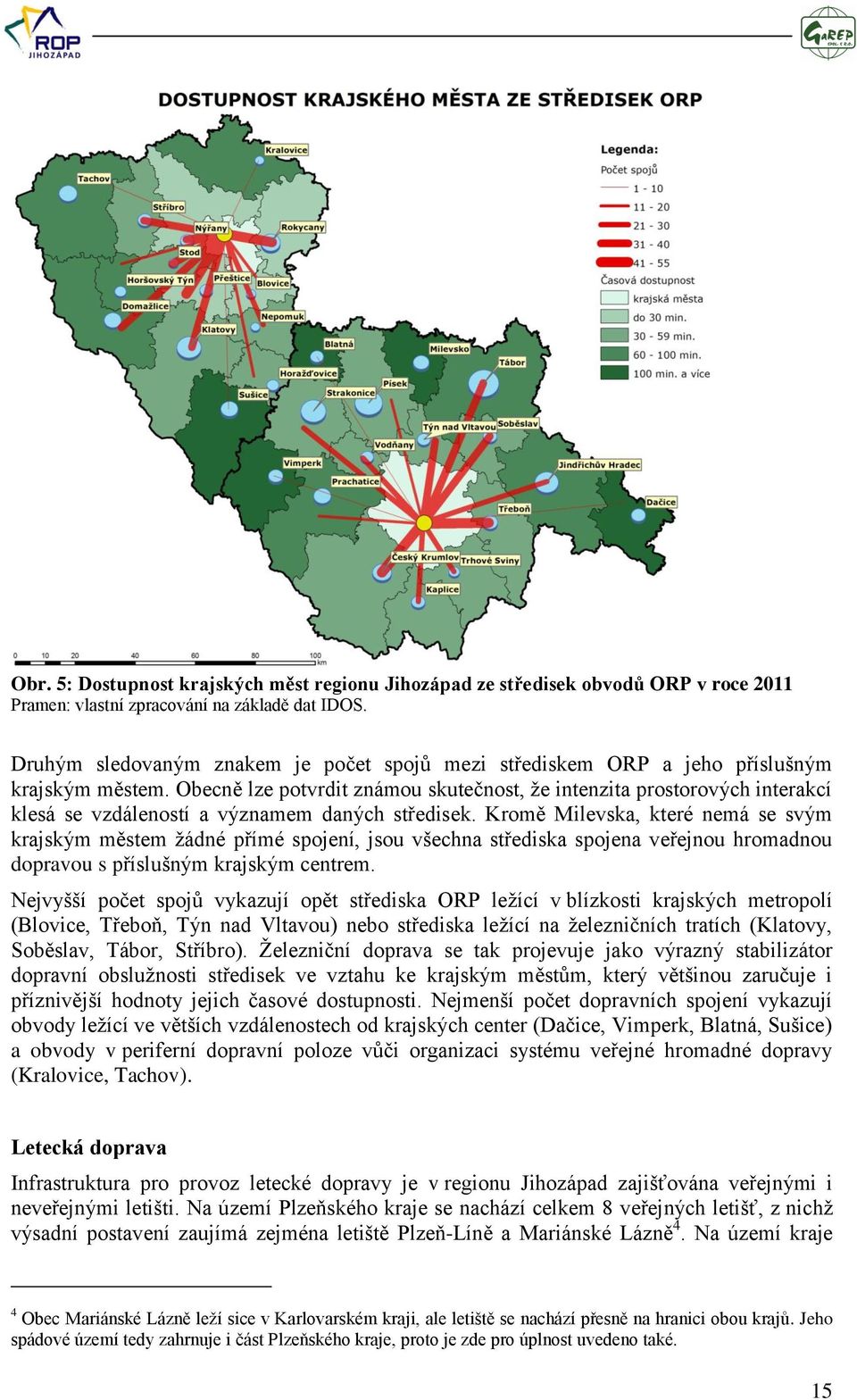 Obecně lze potvrdit známou skutečnost, ţe intenzita prostorových interakcí klesá se vzdáleností a významem daných středisek.