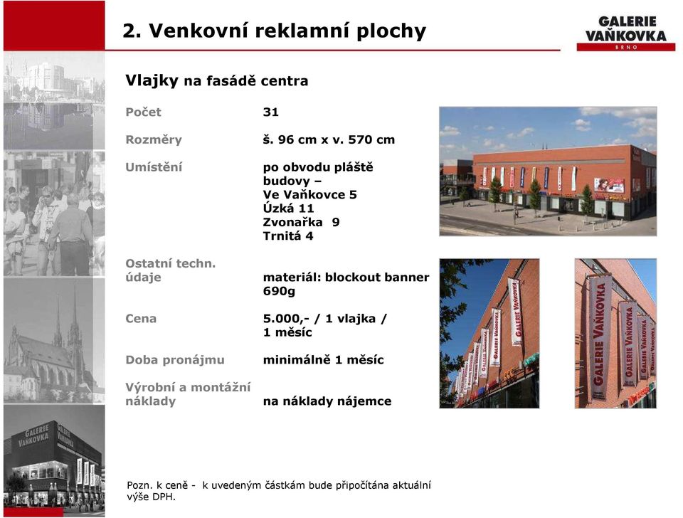 570 cm po obvodu pláště budovy Ve Vaňkovce 5 Úzká 11 Zvonařka 9 Trnitá 4 materiál: blockout banner