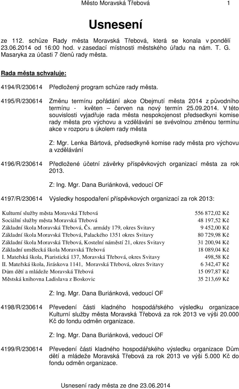 4195/R/230614 Změnu termínu pořádání akce Obejmutí města 2014 