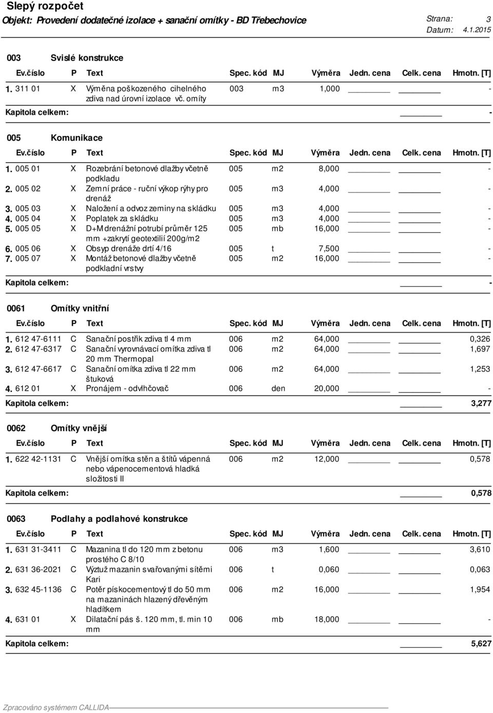 005 03 X Naložení a odvoz zeminy na skládku 005 m3 4,000 4. 005 04 X Poplatek za skládku 005 m3 4,000 5. 005 05 X D+M drenážní potrubí průměr 125 mm +zakrytí geotextilií 200g/m2 005 mb 16,000 6.