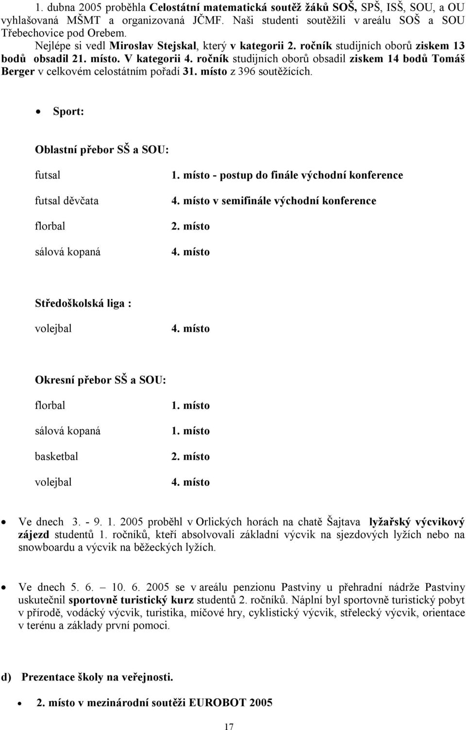 ročník studijních oborů obsadil ziskem 14 bodů Tomáš Berger v celkovém celostátním pořadí 31. místo z 396 soutěžících. Sport: Oblastní přebor SŠ a SOU: futsal futsal děvčata florbal sálová kopaná 1.