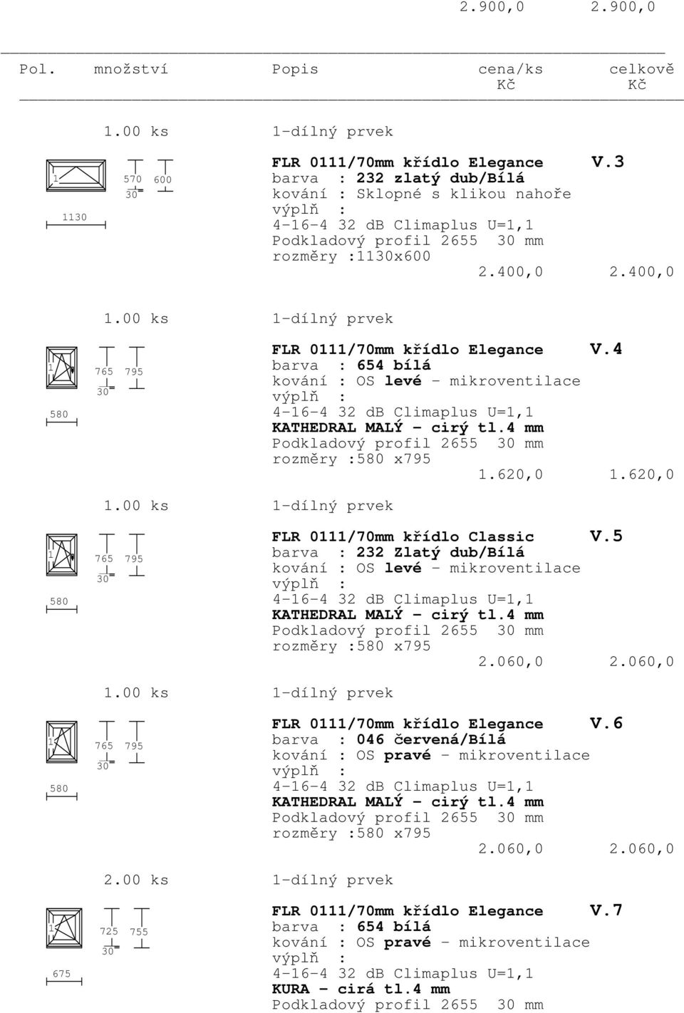 00 ks -dílný prvek 765 795.00 ks -dílný prvek 765 795 2.00 ks -dílný prvek 725 755 FLR 0/70mm křídlo Elegance V.4 4-6-4 32 db Climaplus U=, KATHEDRAL MALÝ - cirý tl.