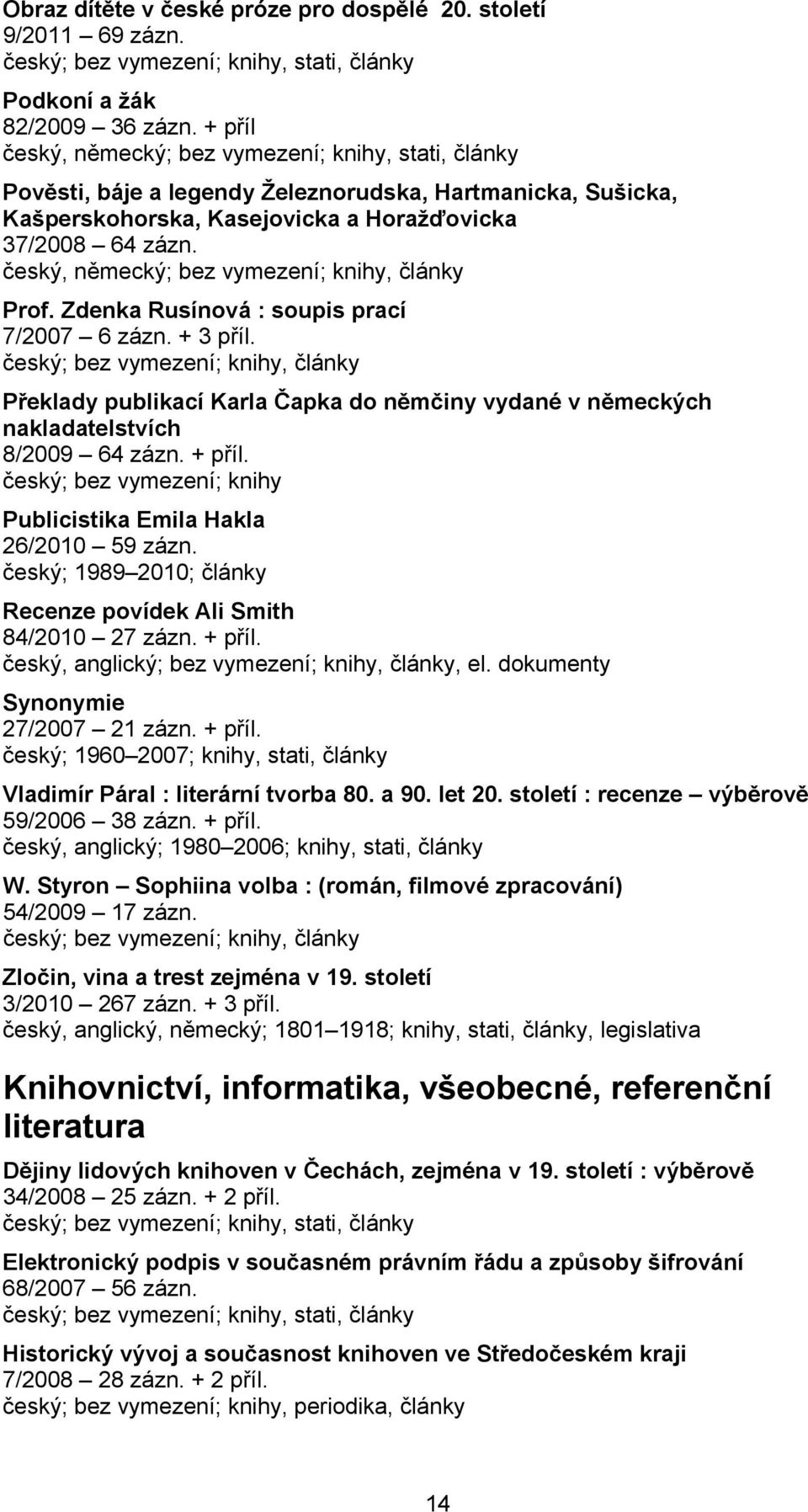 český, německý; bez vymezení; knihy, články Prof. Zdenka Rusínová : soupis prací 7/2007 6 zázn. + 3 příl. Překlady publikací Karla Čapka do němčiny vydané v německých nakladatelstvích 8/2009 64 zázn.