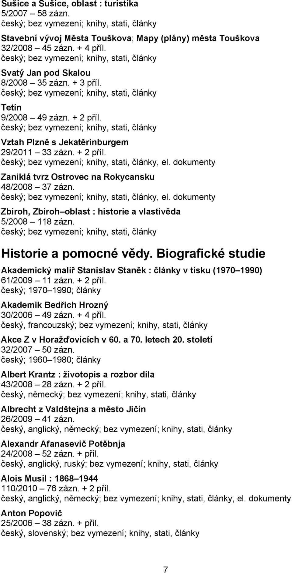 Historie a pomocné vědy. Biografické studie Akademický malíř Stanislav Staněk : články v tisku (1970 1990) 61/2009 11 zázn. + 2 příl. český; 1970 1990; články Akademik Bedřich Hrozný 30/2006 49 zázn.