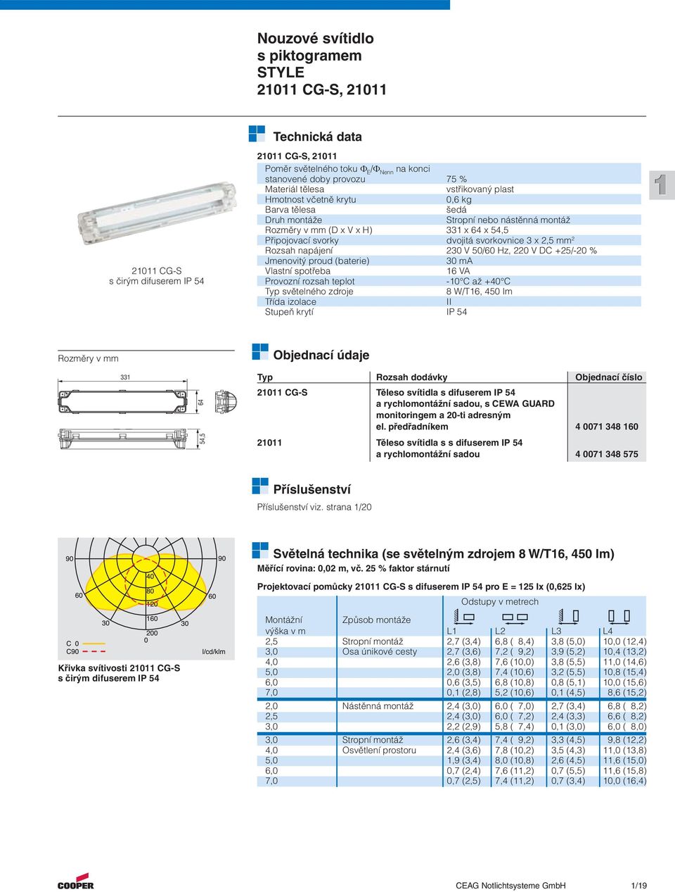 Rozsah napájení 230 V 50/60 Hz, 220 V DC +25/-20 % Jmenovitý proud (baterie) 30 ma Vlastní spotřeba 6 VA Provozní rozsah teplot -0 C až +40 C Typ světelného zdroje 8 W/T6, 450 Im Třída izolace II