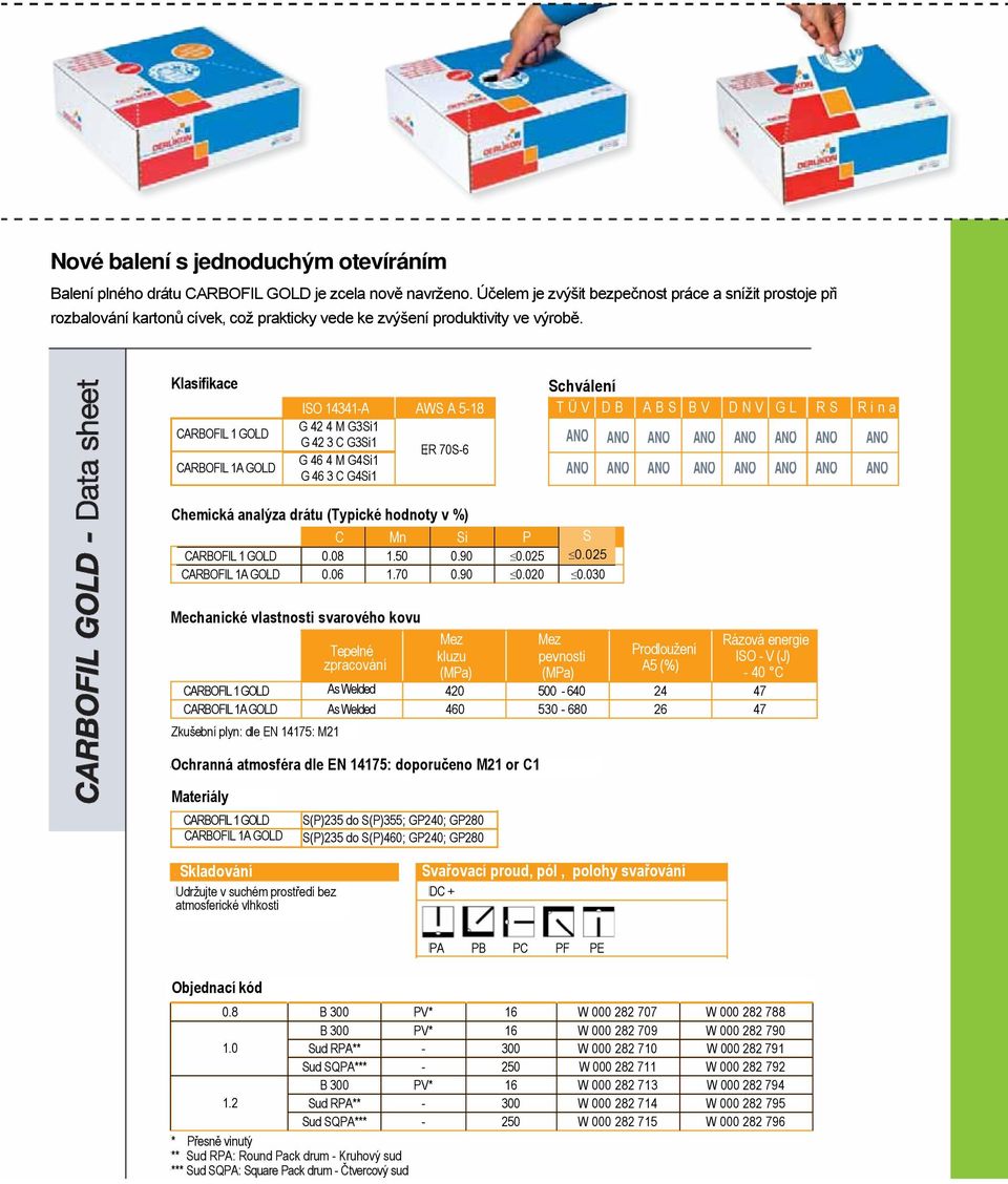 Klasifikace Schválení ISO 14341-A CARBOFIL 1 GOLD CARBOFIL 1A GOLD TÜV DB AWS A 5-18 G 42 4 M G3Si1 G 42 3 C G3Si1 G 46 4 M G4Si1 G 46 3 C G4Si1 ER 70S-6 ABS BV DNV GL C Mn Si P S 0.08 0.06 1.50 1.