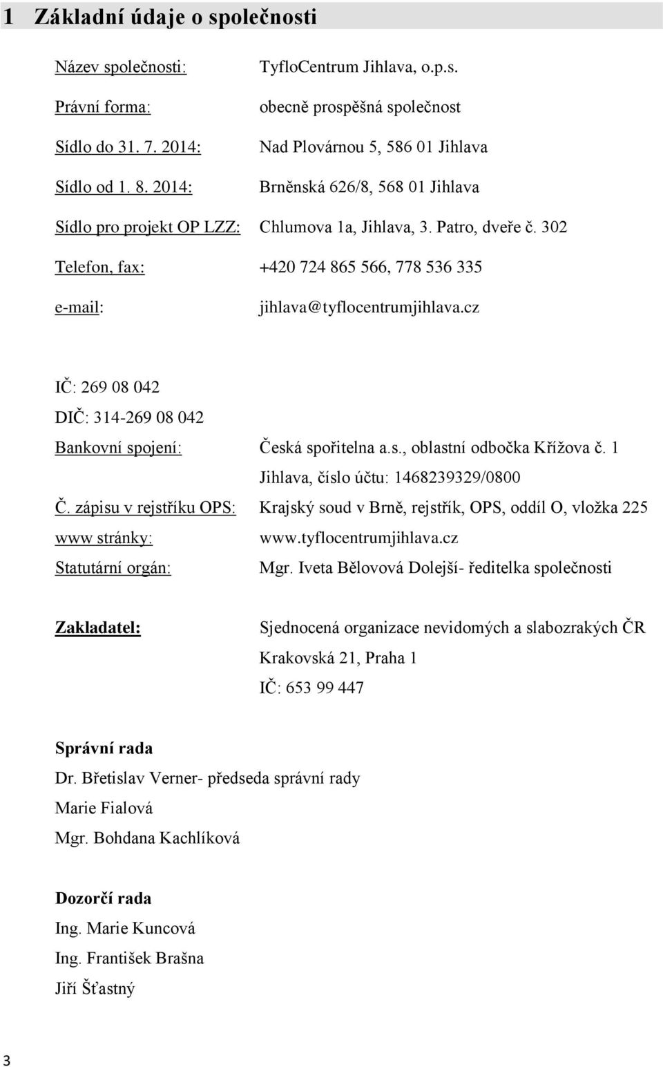 1 Jihlava, číslo účtu: 1468239329/0800 Č. zápisu v rejstříku OPS: Krajský soud v Brně, rejstřík, OPS, oddíl O, vložka 225 www stránky: www.tyflocentrumjihlava.cz Statutární orgán: Mgr.