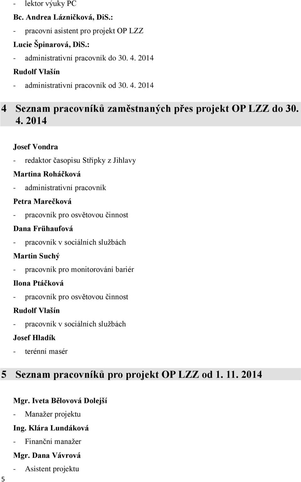 Seznam pracovníků zaměstnaných přes projekt OP LZZ do 30. 4.