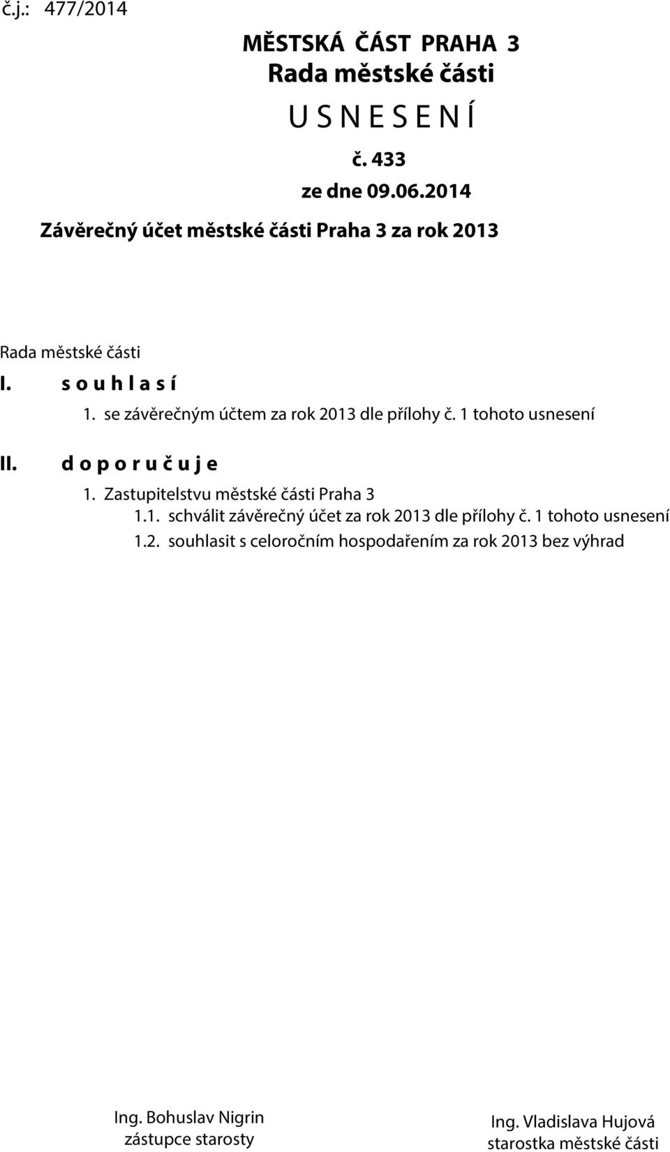 se závěrečným účtem za rok 2013 dle přílohy č. 1 tohoto usnesení II. d o p o r u č u j e 1. Zastupitelstvu městské části Praha 3 1.1. schválit závěrečný účet za rok 2013 dle přílohy č.