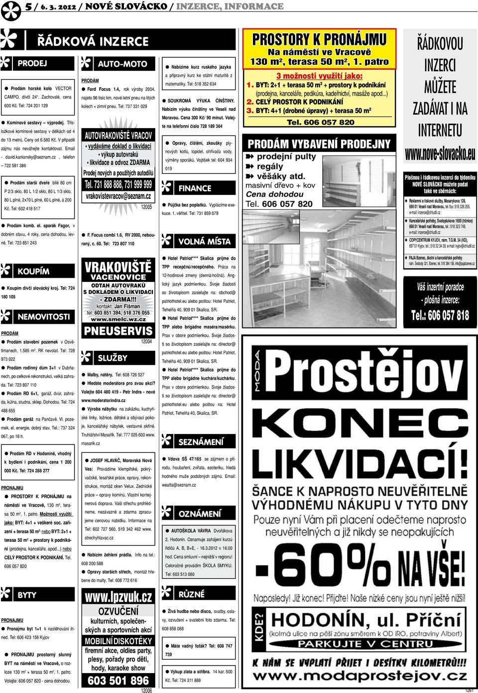 cz, telefon 722 581 386 l Prodám starší dveře; bílé 80 cm P 2/3 sklo, 80 L 1/2 sklo, 80 L 1/3 sklo, 80 L plné, 2x70 L plné, 60 L plné, á 200 Kč. Tel: 602 418 517 l Prodám komb. el.