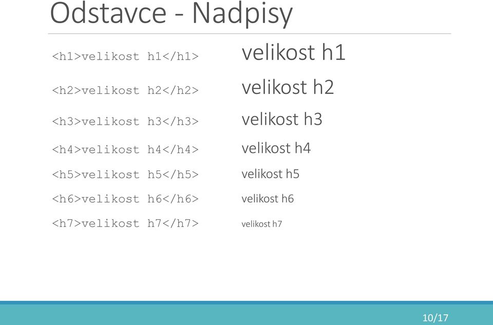 <h6>velikost h6</h6> <h7>velikost h7</h7> velikost h1 velikost