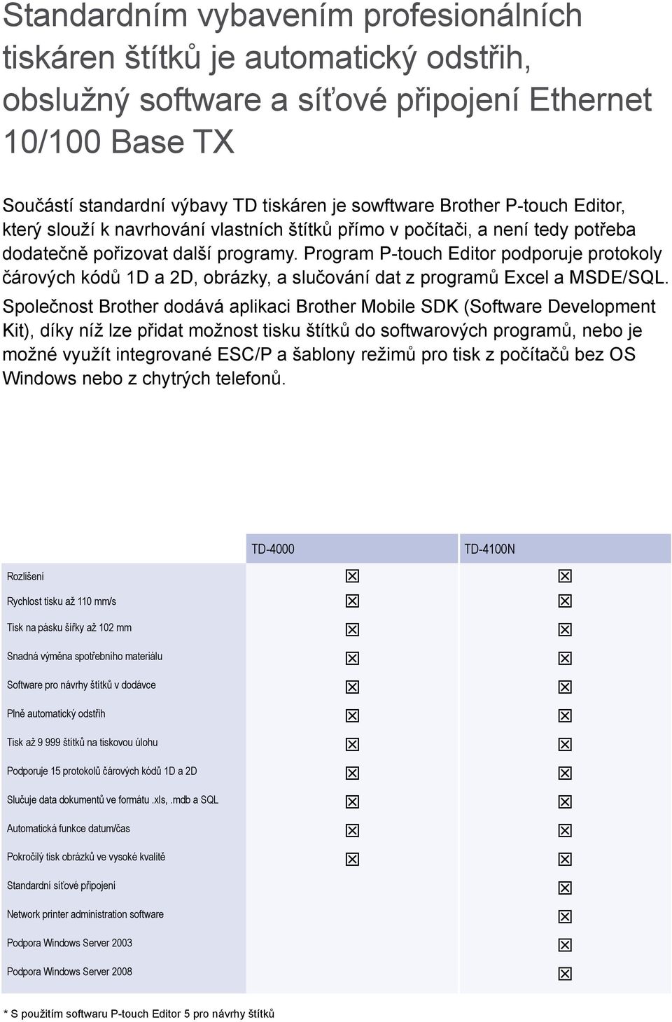 Program P-touch Editor podporuje protokoly čárových kódů 1D a 2D, obrázky, a slučování dat z programů Excel a MSDE/SQL.