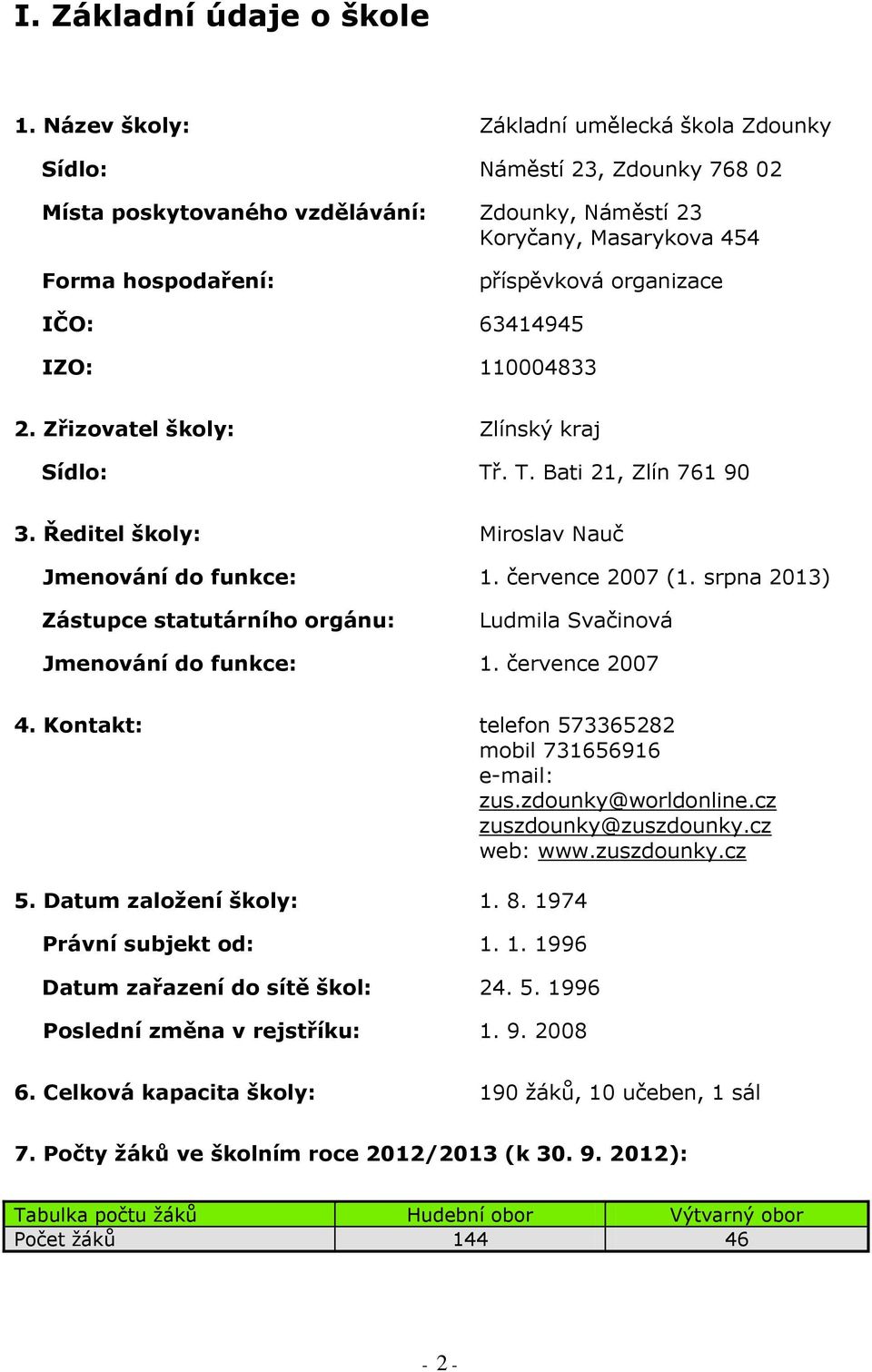 IČO: 63414945 IZO: 110004833 2. Zřizovatel školy: Zlínský kraj Sídlo: Tř. T. Bati 21, Zlín 761 90 3. Ředitel školy: Miroslav Nauč Jmenování do funkce: 1. července 2007 (1.