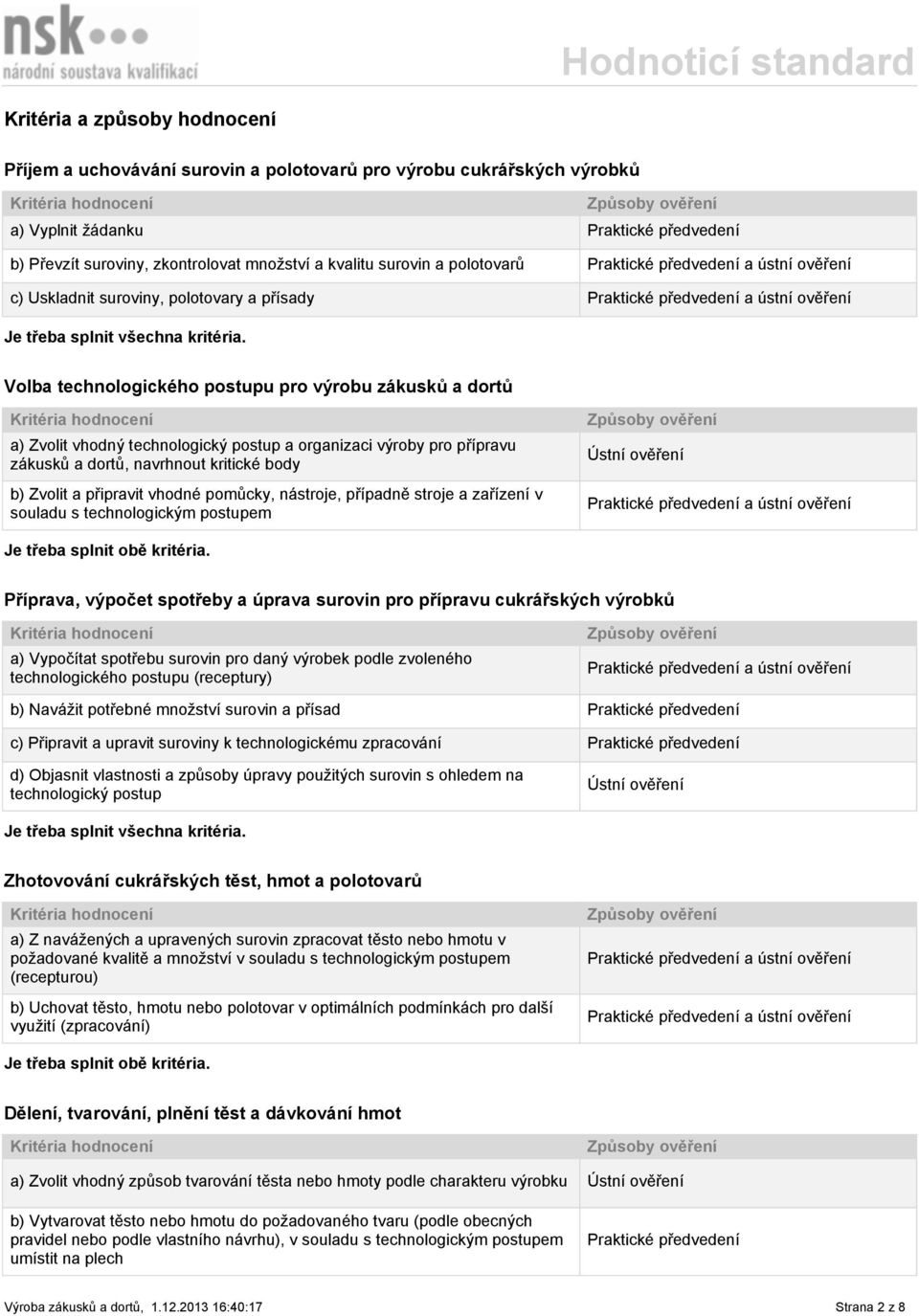 kritické body b) Zvolit a připravit vhodné pomůcky, nástroje, případně stroje a zařízení v souladu s technologickým postupem Ústní ověření Je třeba splnit obě kritéria.