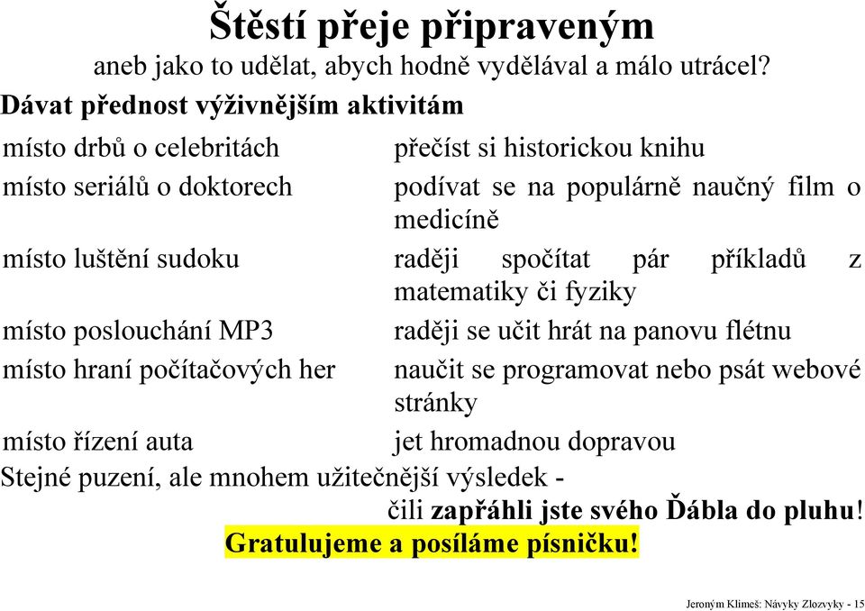 místo luštění sudoku raději spočítat pár příkladů z matematiky či fyziky místo poslouchání MP3 raději se učit hrát na panovu flétnu místo hraní počítačových her