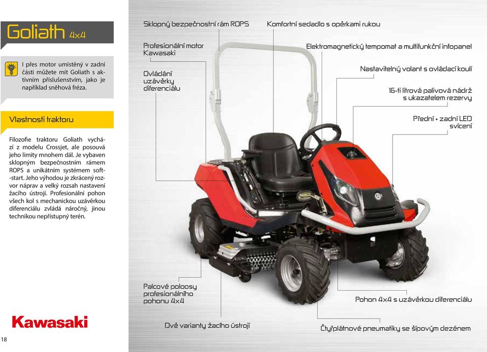 ovládací koulí 16-ti litrová palivová nádrž s ukazatelem rezervy Vlastnosti traktoru Filozofie traktoru Goliath vychází z modelu Crossjet, ale posouvá jeho limity mnohem dál.