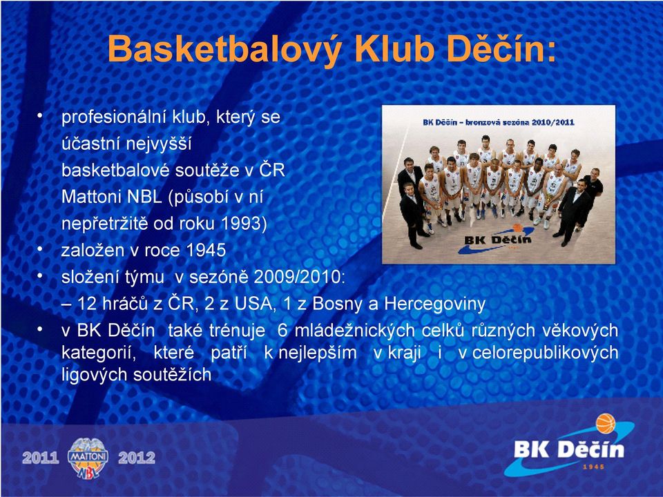 2009/2010: 12 hráčů z ČR, 2 z USA, 1 z Bosny a Hercegoviny v BK Děčín také trénuje 6 mládežnických
