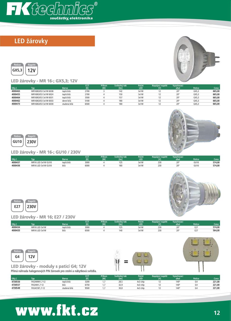 Typ Barva [K] [W] [lm] LED [V] úhel Patice Cena 4000463 MR16BGX53 3x1W 6038 teplá bílá 2700 3 142 3x1W 12 20 GX5,3 665,00 4000455 MR16BGX53 3x1W 6024 teplá bílá 2700 4 150 3x1W 12 20 GX5,3 665,00