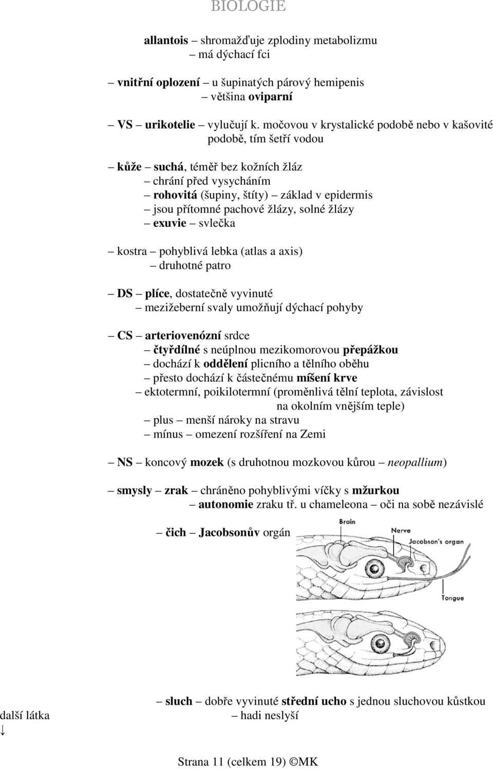 solné žlázy exuvie svlečka kostra pohyblivá lebka (atlas a axis) druhotné patro DS plíce, dostatečně vyvinuté mezižeberní svaly umožňují dýchací pohyby CS arteriovenózní srdce čtyřdílné s neúplnou