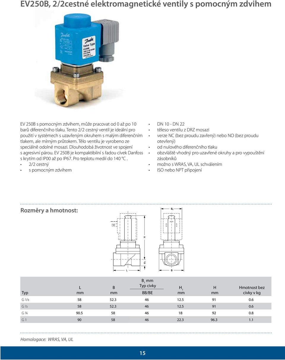 Dlouhodobá životnost ve spojení s agresivní párou. EV 250B je kompaktibilní s řadou cívek Danfoss s krytím od IP00 až po IP67. Pro teplotu medií do 140 C.