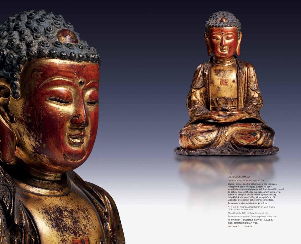 Buddhovo tělo, oděné do bohatě nařaseného roucha s ozdobným květinovým pásem na okrajích, nese na hrudi symbol svastiky.