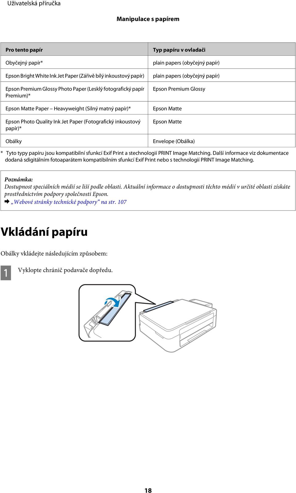 Epson Premium Glossy Epson Matte Epson Matte Envelope (Obálka) * Tyto typy papíru jsou kompatibilní sfunkcí Exif Print a stechnologií PRINT Image Matching.