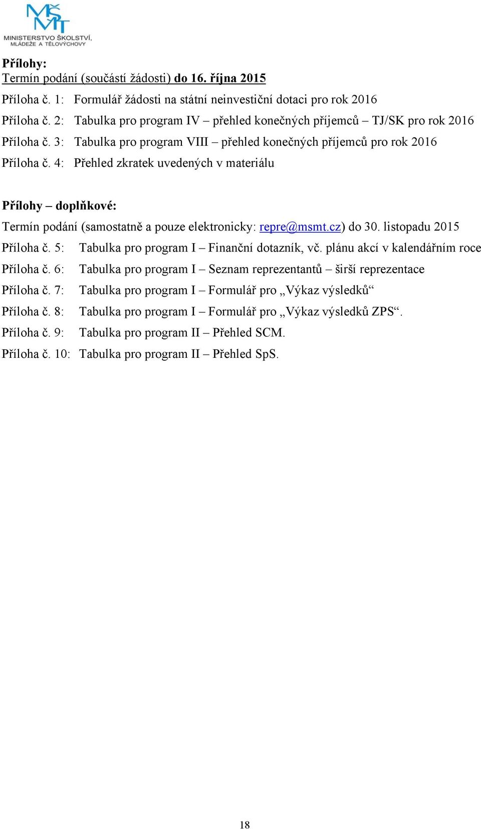 4: Přehled zkratek uvedených v materiálu Přílohy doplňkové: Termín podání (samostatně a pouze elektronicky: repre@msmt.cz) do 30. listopadu 2015 Příloha č.