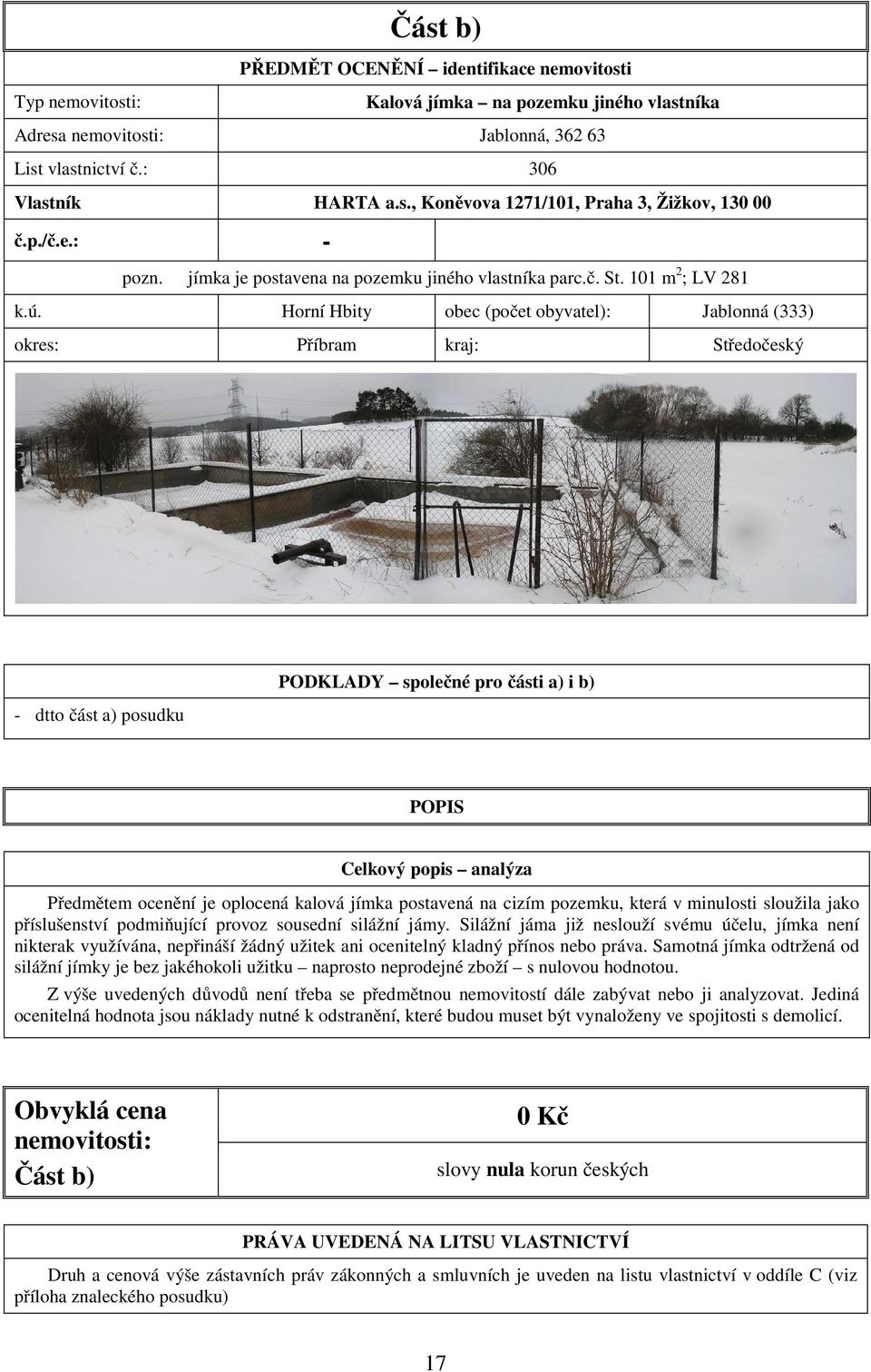 Horní Hbity obec (počet obyvatel): Jablonná (333) okres: Příbram kraj: Středočeský - dtto část a) posudku PODKLADY společné pro části a) i b) POPIS Celkový popis analýza Předmětem ocenění je oplocená