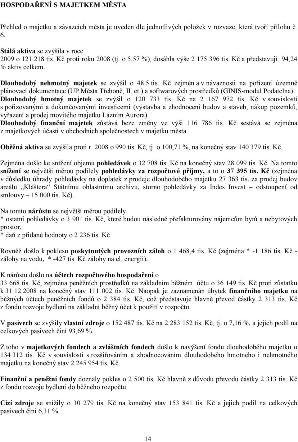 Kč zejménav návaznosti na pořízení územně plánovací dokumentace (UP Města Třeboně, II. et.) a softwarových prostředků (GINIS-modul Podatelna). Dlouhodobý hmotný majetek se zvýšil o 120 733 tis.