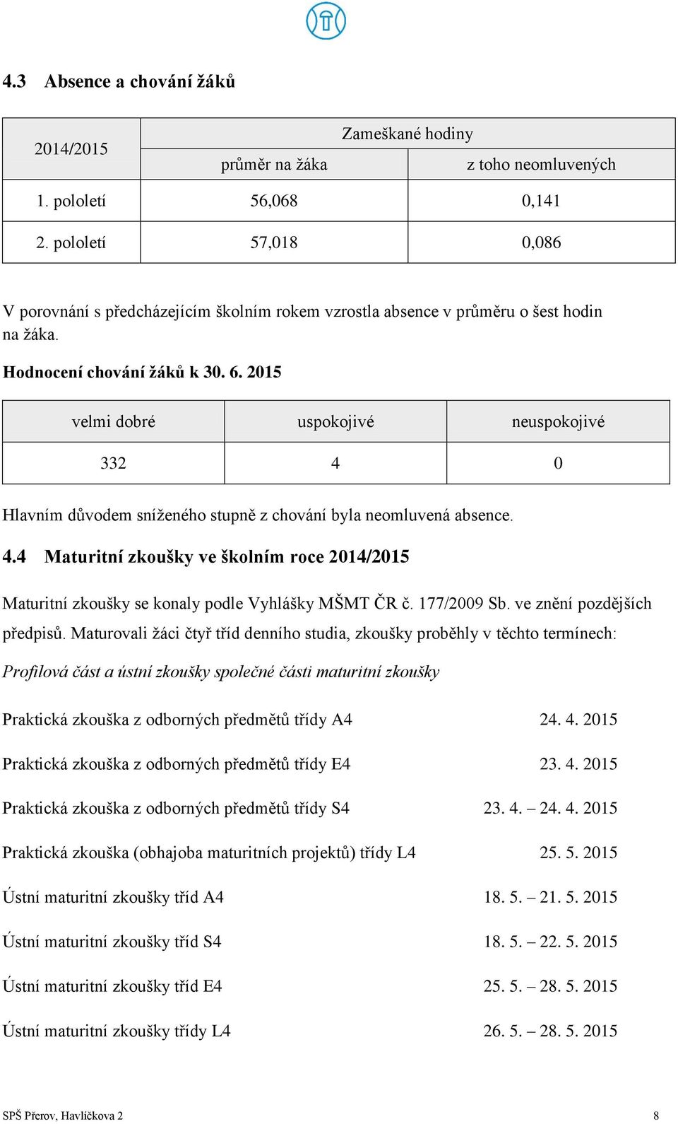 2015 velmi dobré uspokojivé neuspokojivé 332 4 0 Hlavním důvodem sníženého stupně z chování byla neomluvená absence. 4.4 Maturitní zkoušky ve školním roce 2014/2015 Maturitní zkoušky se konaly podle Vyhlášky MŠMT ČR č.