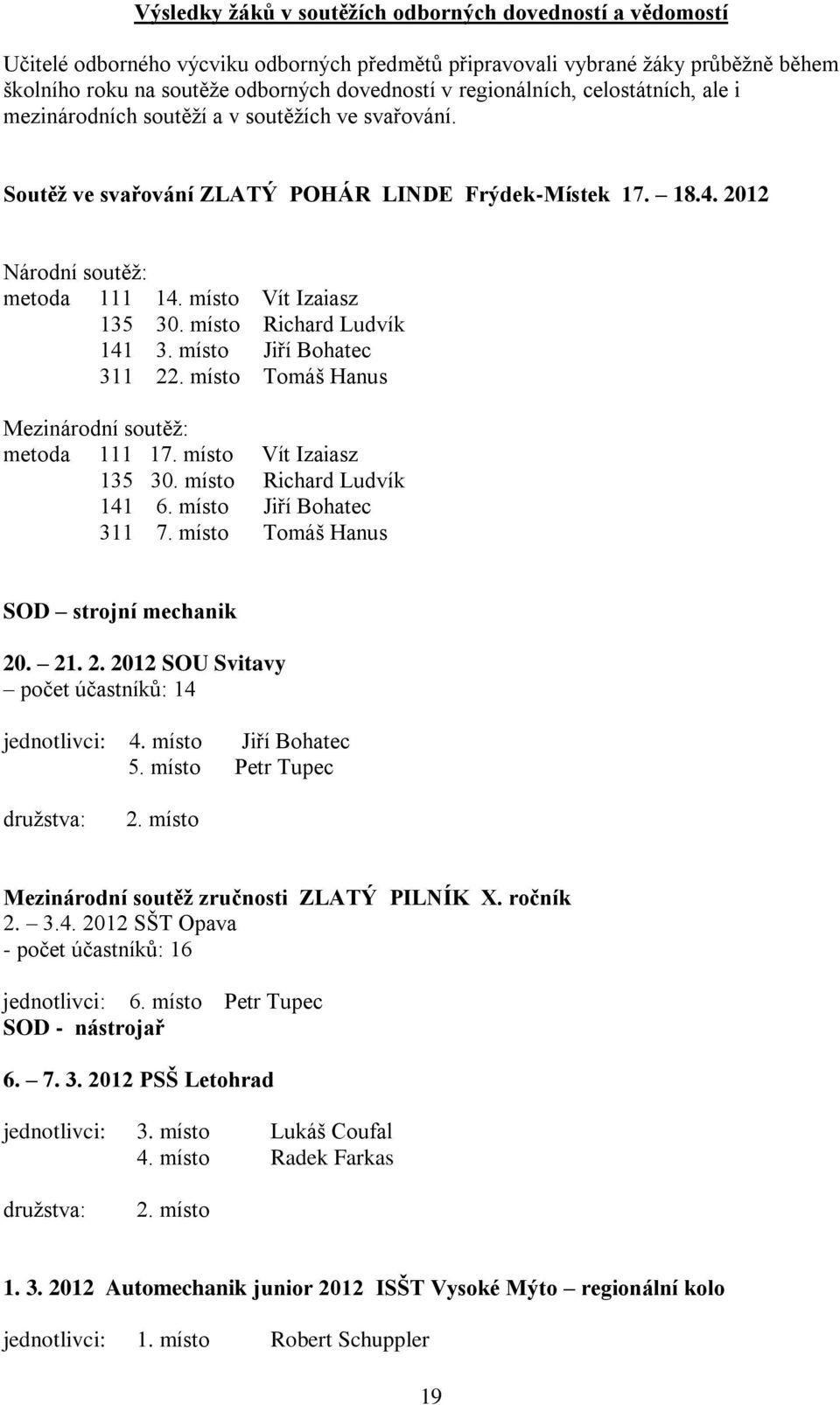 místo Vít Izaiasz 135 30. místo Richard Ludvík 141 3. místo Jiří Bohatec 311 22. místo Tomáš Hanus Mezinárodní soutěţ: metoda 111 17. místo Vít Izaiasz 135 30. místo Richard Ludvík 141 6.