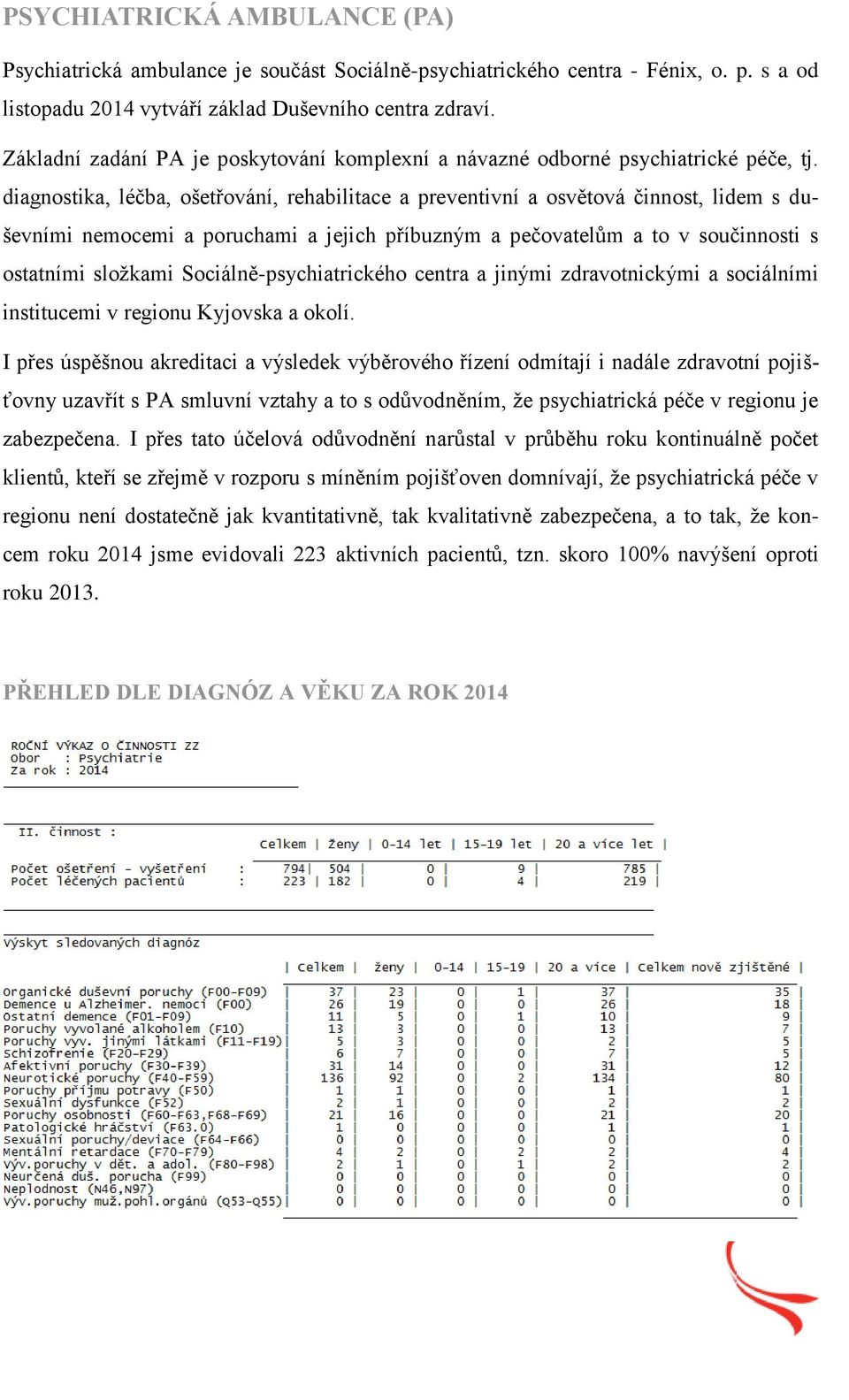 diagnostika, léčba, ošetřování, rehabilitace a preventivní a osvětová činnost, lidem s duševními nemocemi a poruchami a jejich příbuzným a pečovatelům a to v součinnosti s ostatními složkami